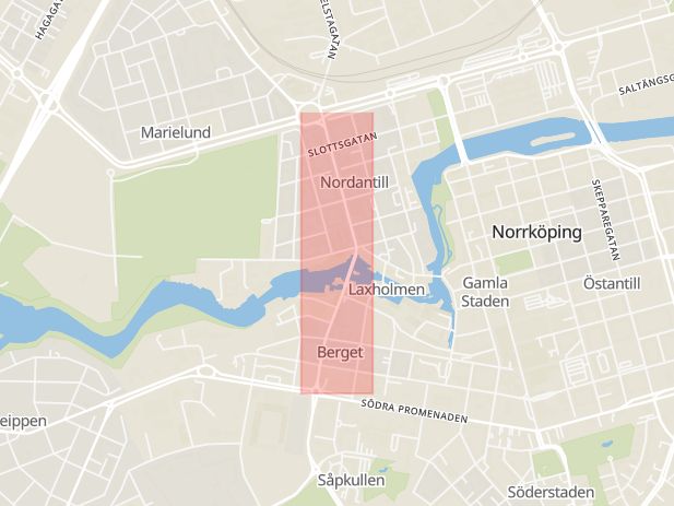 Karta som med röd fyrkant ramar in Kungsgatan, Norrköping, Linköping, Berga, Östergötlands län