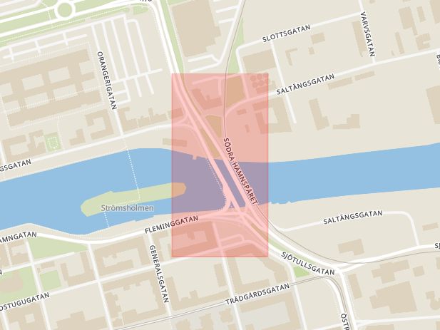Karta som med röd fyrkant ramar in Hamnbron, Norrköping, Östergötlands län