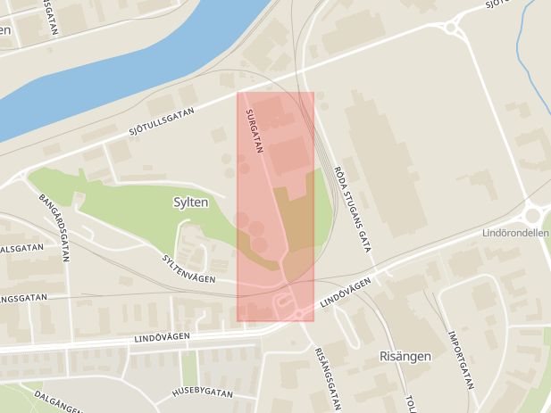 Karta som med röd fyrkant ramar in Surgatan, Huskvarna, Norrköping, Östergötlands län