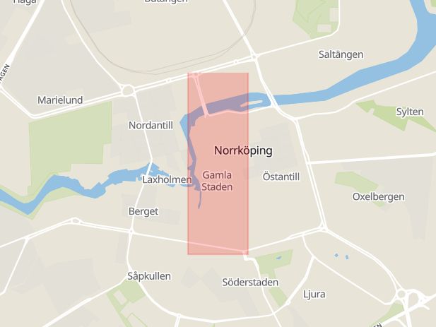 Karta som med röd fyrkant ramar in Drottninggatan, Norrköping, Östergötlands län