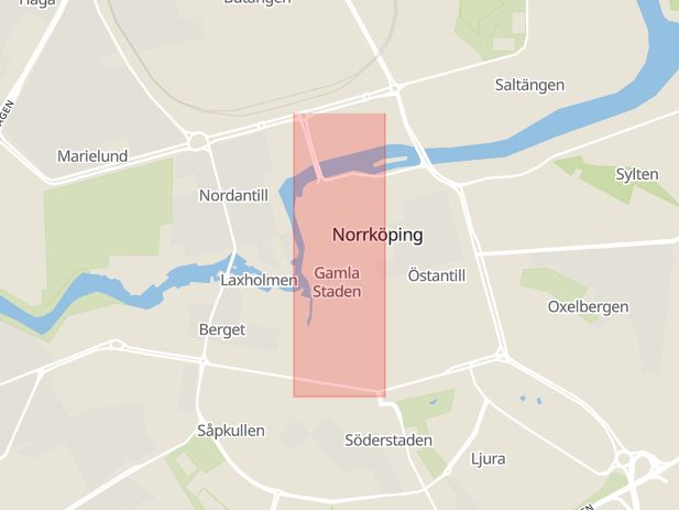 Karta som med röd fyrkant ramar in Drottninggatan, Norrköping, Resecentrum, Bråddgatan, Svärtinge, Vintergatan, Motala, Östergötlands län