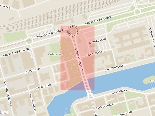 Karta som med röd fyrkant ramar in Slottsgatan, Drottninggatan, Norrköping, Östergötlands län