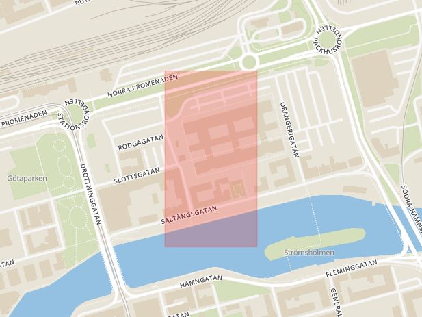 Karta som med röd fyrkant ramar in Migrationsverket, Slottsgatan, Norrköping, Östergötlands län