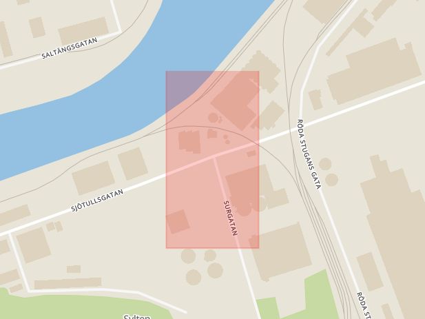 Karta som med röd fyrkant ramar in Sjötullsgatan, Surgatan, Norrköping, Östergötlands län