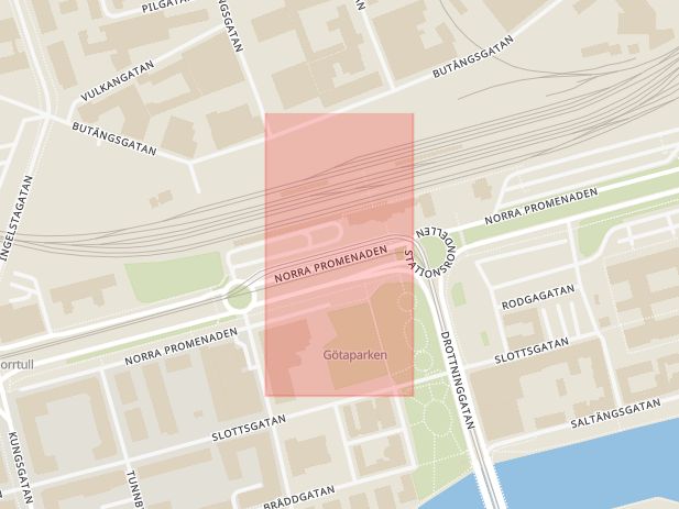 Karta som med röd fyrkant ramar in Norra Promenaden, Resecentrum, Norrköping, Östergötlands län