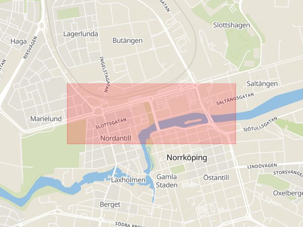 Karta som med röd fyrkant ramar in Norrköping, Slottsgatan, Linköping, Ljungsbro, Östergötlands län
