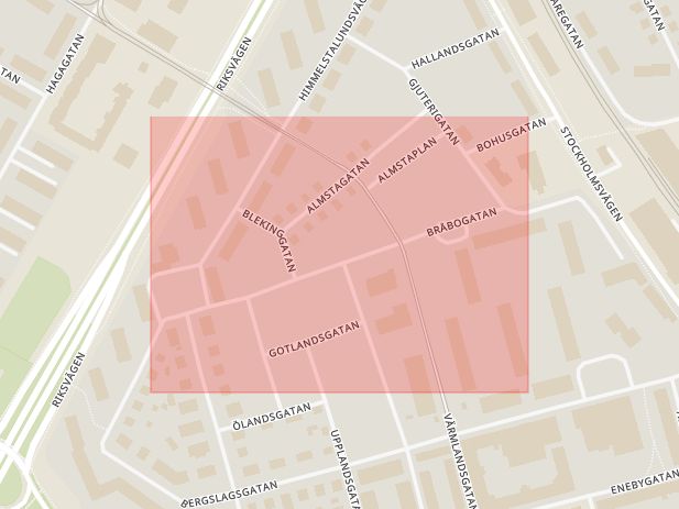 Karta som med röd fyrkant ramar in Bråbogatan, Norrköping, Trädgårdsgatan, Bergslagsgatan, Östergötlands län