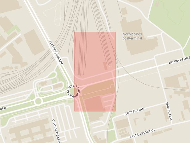 Karta som med röd fyrkant ramar in Norra Promenaden, Slottshagen, Norrköping, Östergötlands län