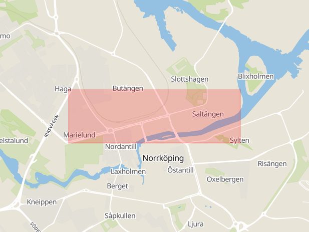 Karta som med röd fyrkant ramar in Norra Promenaden, Norrköping, Östergötlands län
