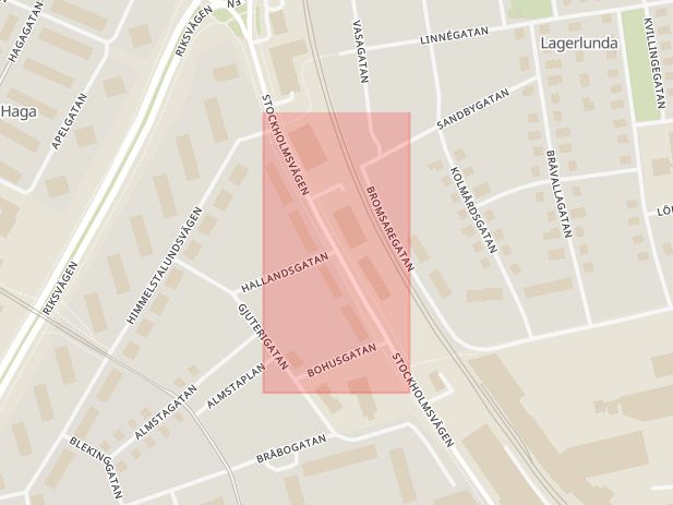 Karta som med röd fyrkant ramar in Hallandsgatan, Stockholmsvägen, Norrköping, Östergötlands län