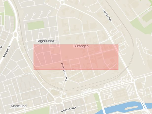 Karta som med röd fyrkant ramar in Östergötland, Hageby, Norrköping, Fredriksdalsgatan, Pionjärgatan, Linköping, Östergötlands län