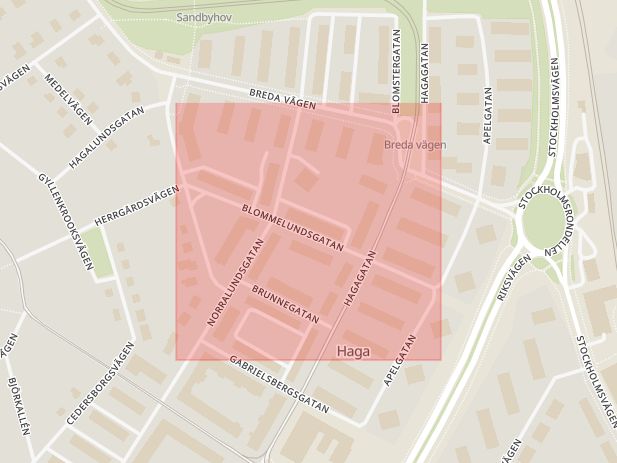 Karta som med röd fyrkant ramar in Haga, Blommelundsgatan, Norrköping, Östergötlands län