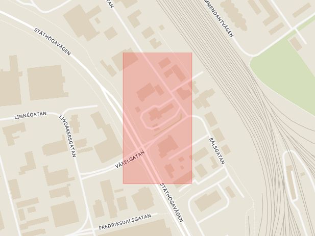 Karta som med röd fyrkant ramar in Butängen, Fabriksgatan, Fredriksdalsgatan, Norrköping, Östergötlands län