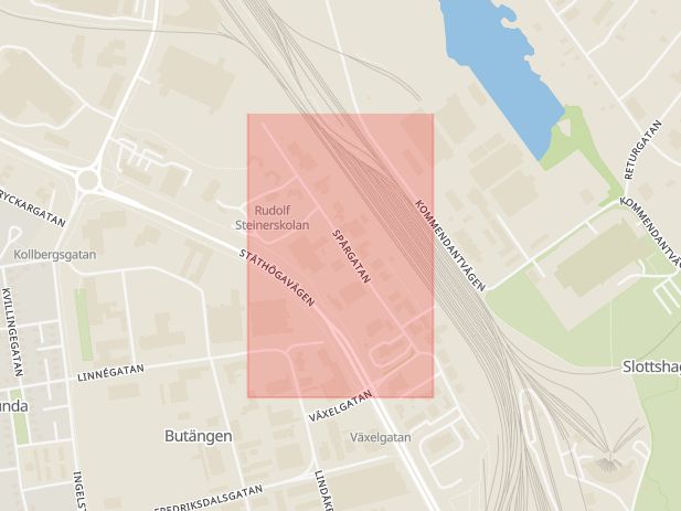 Karta som med röd fyrkant ramar in Spårgatan, Norrköping, Östergötlands län