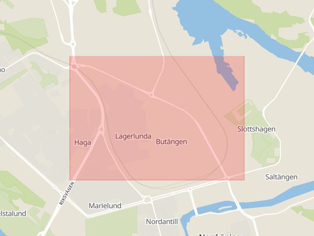 Karta som med röd fyrkant ramar in Ståthögavägen, Norrköping, Östergötlands län
