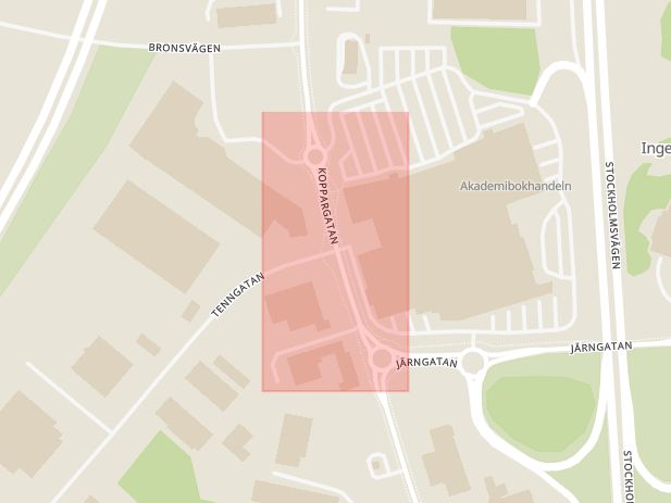 Karta som med röd fyrkant ramar in Koppargatan, Tenngatan, Norrköping, Östergötlands län