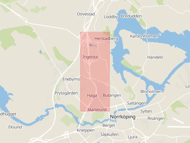 Karta som med röd fyrkant ramar in Norrköping, Stockholmsvägen, Östergötlands län