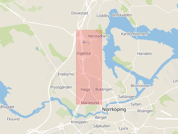 Karta som med röd fyrkant ramar in Östergötland, Gamla Staden, Norrköping, Stockholmsvägen, Östergötlands län