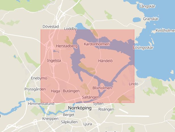 Karta som med röd fyrkant ramar in Ingelsta, Trafikplats Ingelsta, Norrköping, Östergötlands län