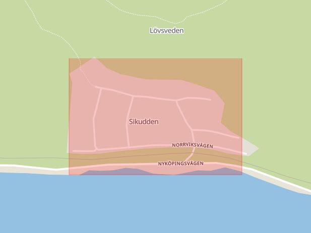 Karta som med röd fyrkant ramar in Sikuddsvägen, Åby, Norrköping, Östergötlands län