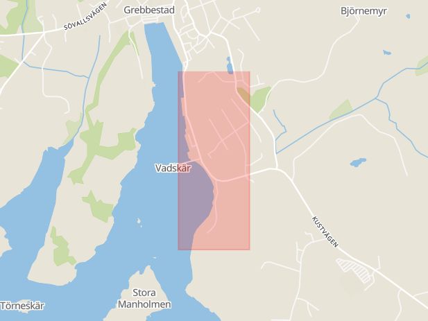 Karta som med röd fyrkant ramar in Strandvägen, Grebbestad, Tanum, Västra Götalands län