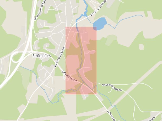 Karta som med röd fyrkant ramar in Krokek, Strömsfors, Gamla Krokeksvägen, Norrköping, Östergötlands län