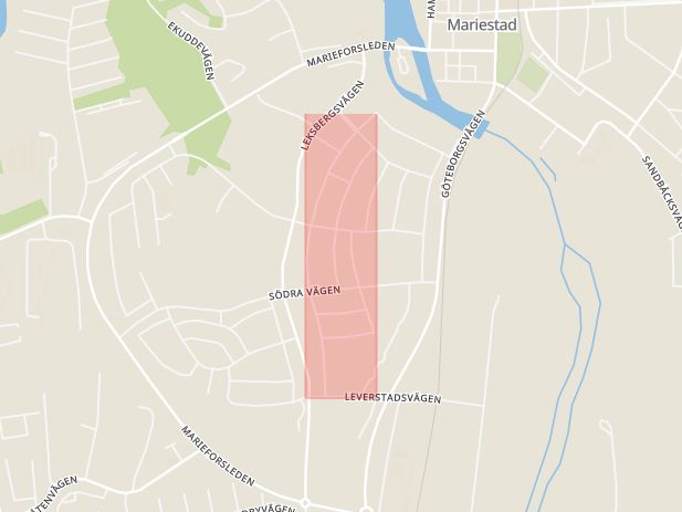 Karta som med röd fyrkant ramar in Marieholmsvägen, Mariestad, Västra Götalands län