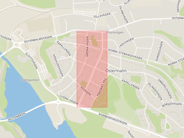 Karta som med röd fyrkant ramar in Stora Allén, Finspång, Östergötlands län