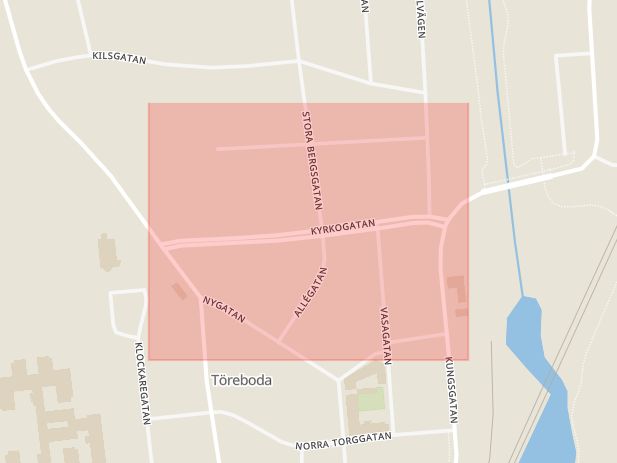 Karta som med röd fyrkant ramar in Kyrkogatan, Töreboda, Västra Götalands län