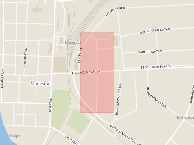 Karta som med röd fyrkant ramar in Viktoriagatan, Mariestad, Västra Götalands län