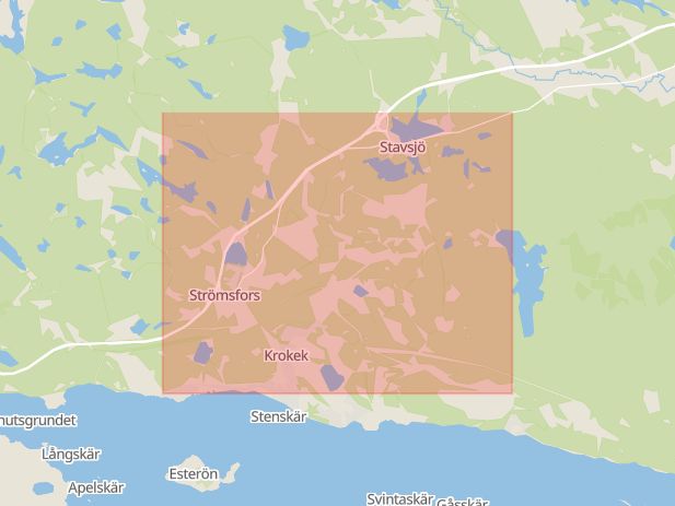 Karta som med röd fyrkant ramar in Nyköpingsvägen, Strömsfors, Sjöviksvägen, Norrköping