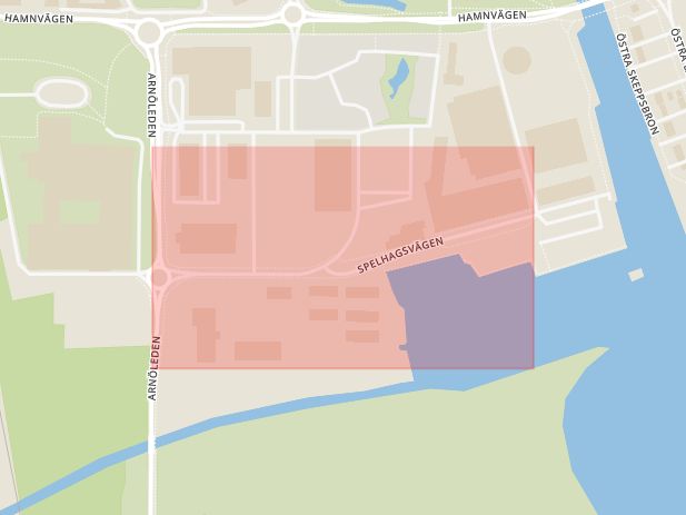 Karta som med röd fyrkant ramar in Spelhagsvägen, Nyköping, Södermanlands län
