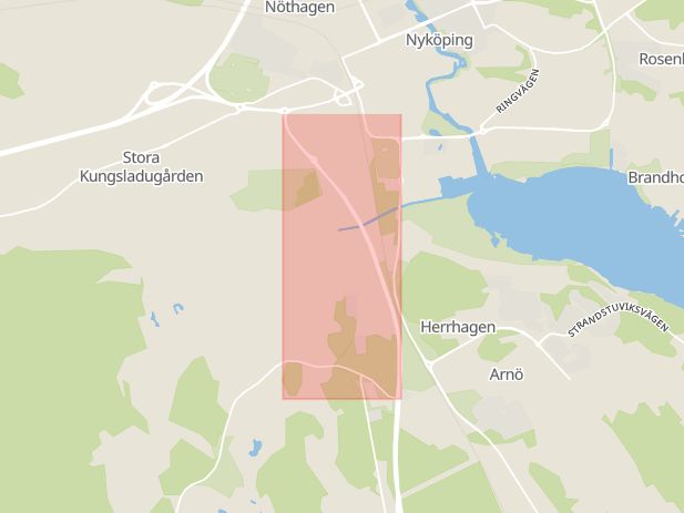 Karta som med röd fyrkant ramar in Södermanland, Brandkärr, Nyköping, Oxelösund, Södermanlands län