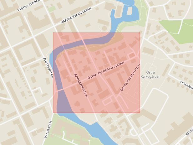 Karta som med röd fyrkant ramar in Östra Trädgårdsgatan, Nyköpings Kommun, Nyköping, Södermanlands län