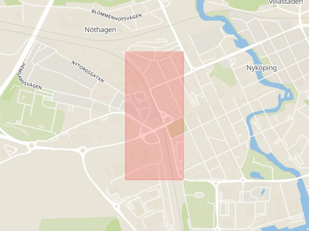 Karta som med röd fyrkant ramar in Järnvägsgatan, Nyköping, Södermanlands län