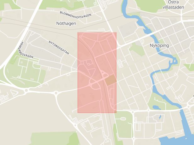 Karta som med röd fyrkant ramar in Järnvägsgatan, Nyköping, Södermanlands län