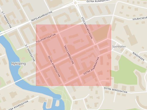 Karta som med röd fyrkant ramar in Östra Storgatan, Nyköping, Södermanlands län