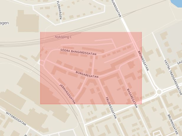 Karta som med röd fyrkant ramar in Borgaregatan, Nyköping, Södermanlands län