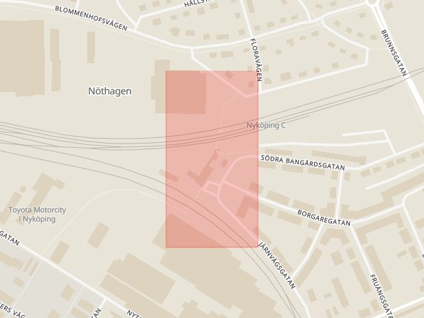 Karta som med röd fyrkant ramar in Centralplan, Nyköping, Södermanlands län