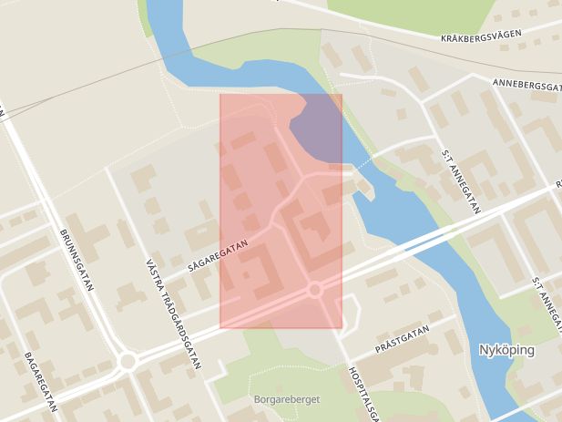 Karta som med röd fyrkant ramar in Hospitalsgatan, Repslagargatan, Nyköping, Södermanlands län