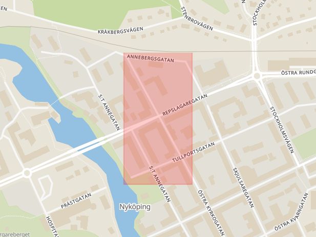 Karta som med röd fyrkant ramar in Östra Kyrkogatan, Östra Rundgatan, Nyköping, Södermanlands län