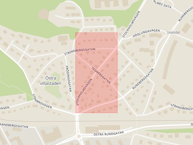 Karta som med röd fyrkant ramar in Runebergsgatan, Stockholmsvägen, Tegnérsgatan, Nyköping, Södermanlands län