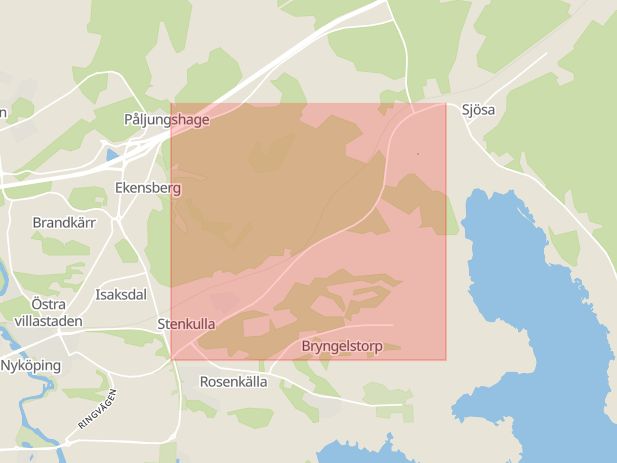 Karta som med röd fyrkant ramar in Trosavägen, Nyköping, Södermanlands län