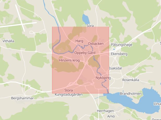 Karta som med röd fyrkant ramar in Nyköpingsån, Nyköping, Södermanlands län