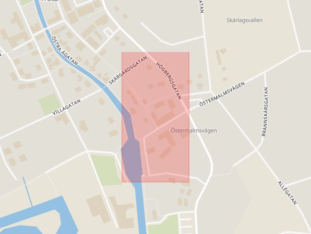 Karta som med röd fyrkant ramar in Södermanland, Eskilstuna, Sockengatan, Trosa, Södermanlands län