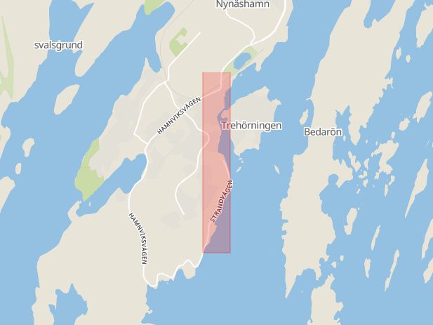 Karta som med röd fyrkant ramar in Strandvägen, Nynäshamn, Stockholms län