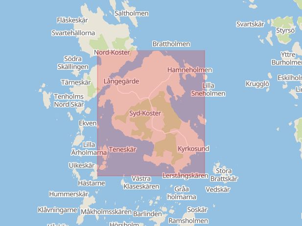 Karta som med röd fyrkant ramar in Sydkoster, Strömstad, Västra Götalands län