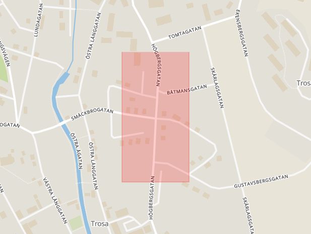 Karta som med röd fyrkant ramar in Högbergsgatan, Smäckbrogatan, Trosa, Södermanlands län
