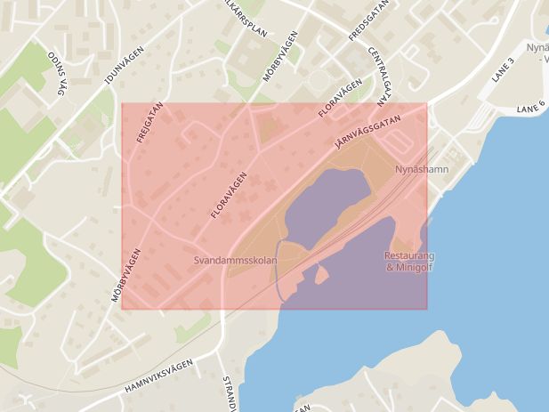 Karta som med röd fyrkant ramar in Järnvägsgatan, Nynäshamn, Stockholms län