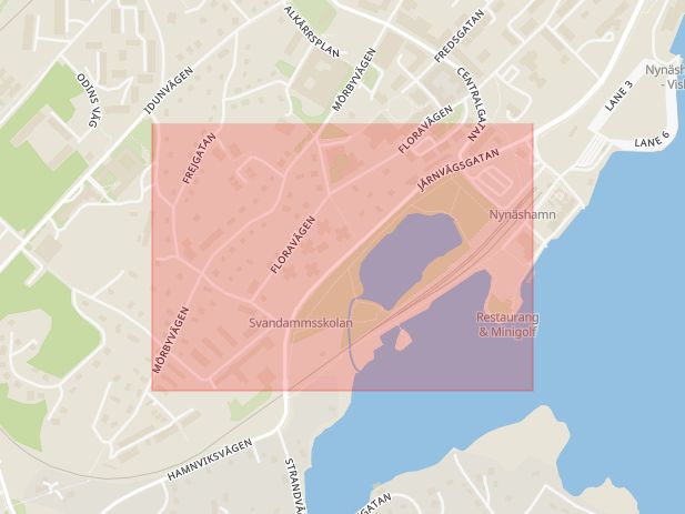 Karta som med röd fyrkant ramar in Järnvägsgatan, Nynäshamn, Stockholms län